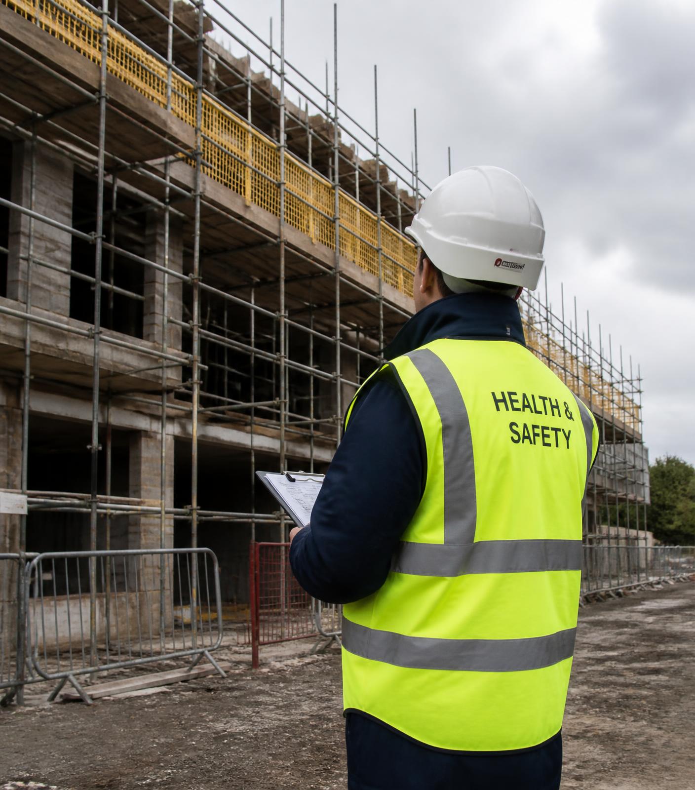 Construction health and safety consultant inspecting scaffolding and edge protection on a UK building site