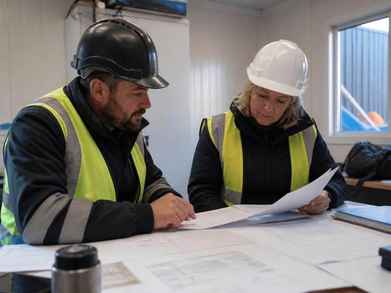 Construction health and safety consultant reviewing RAMS documentation on site